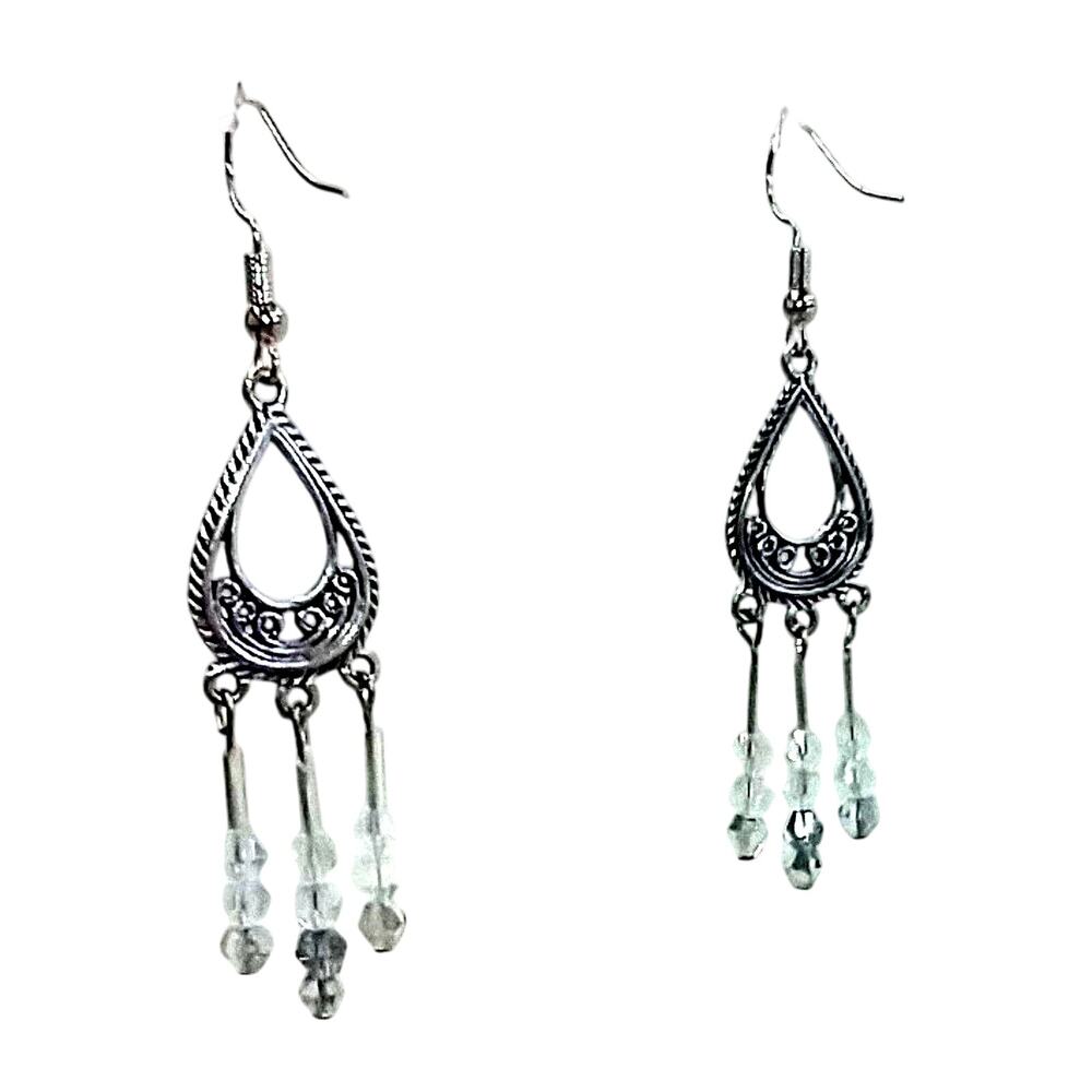 Silver Tone Chandelier Earrings with Crystal Beads Handmade Fish Hook Ear Wires
